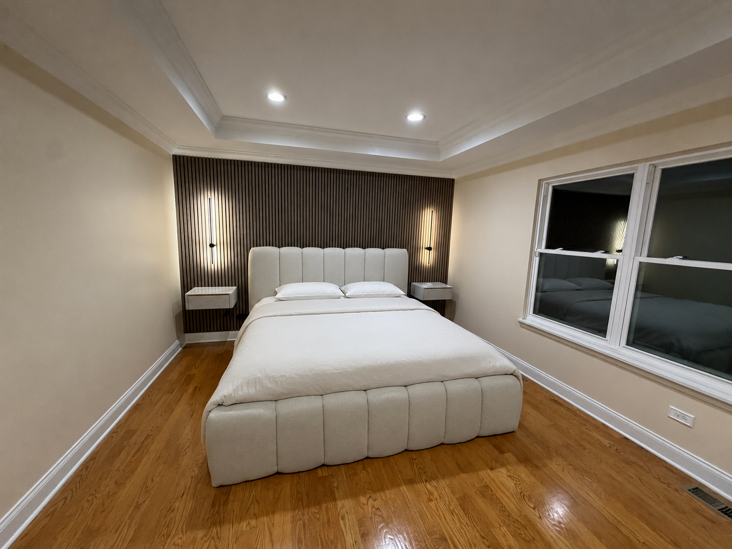 Bedroom accent wall & lighting after