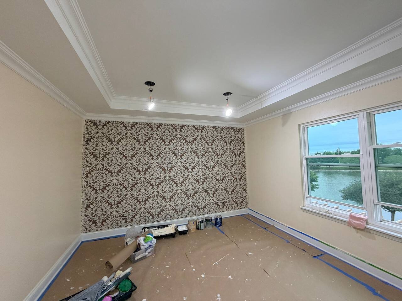 Bedroom accent wall & lighting before