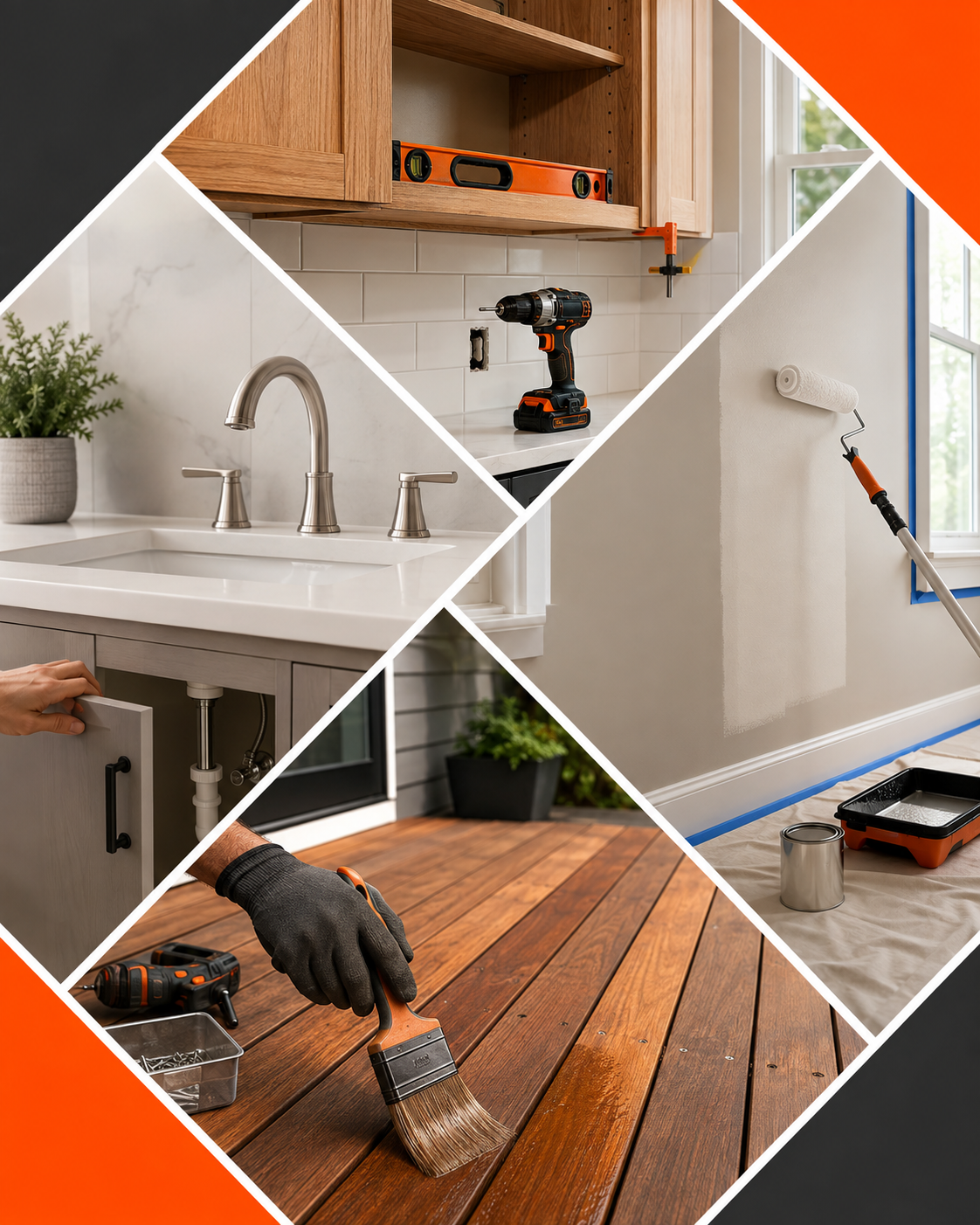 Illustration of cabinet installation, plumbing, painting, and deck services